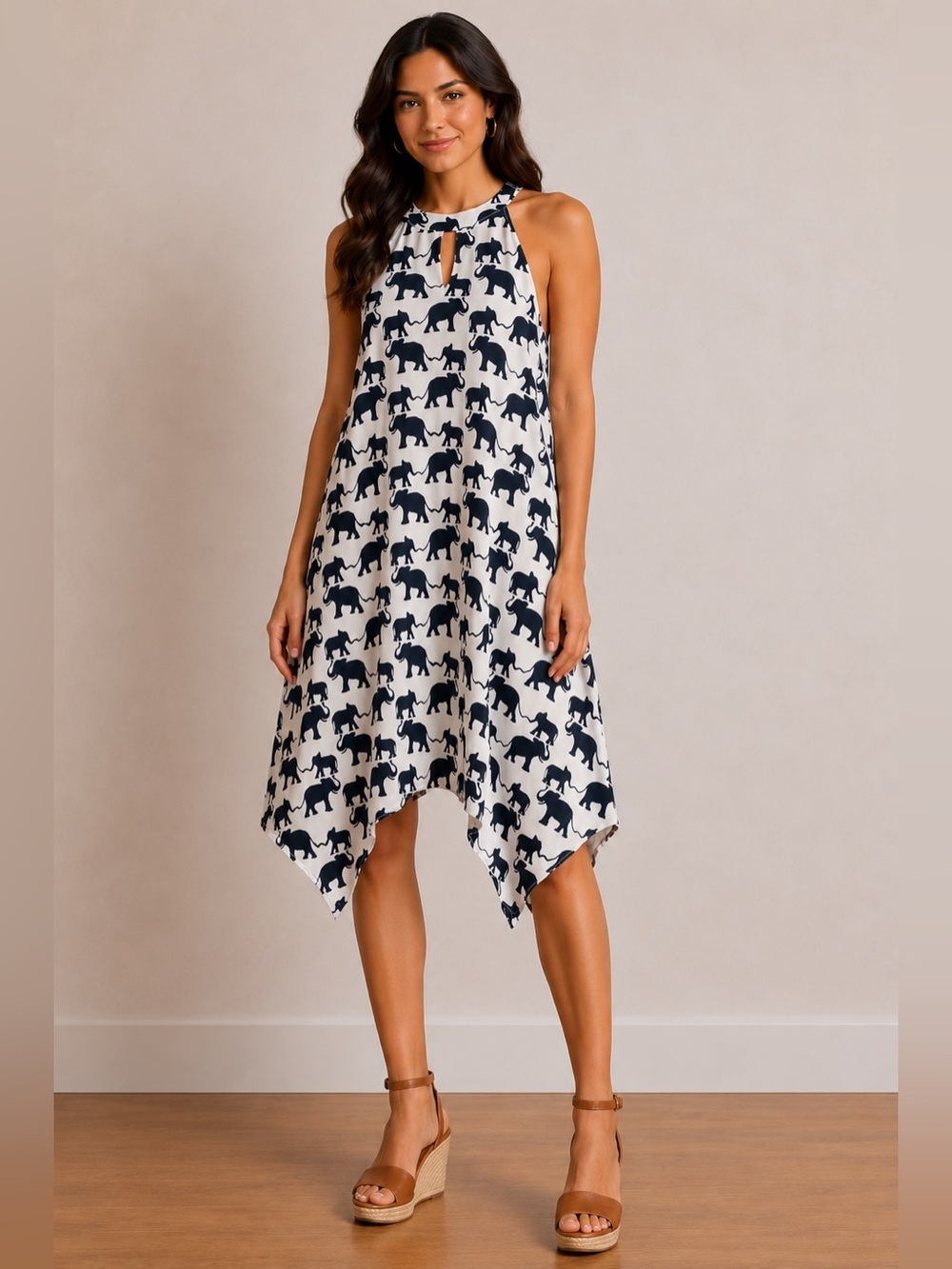 Elephant Print Handkerchief Hem Halter Dress Resort Summer Boho Artsy Medium